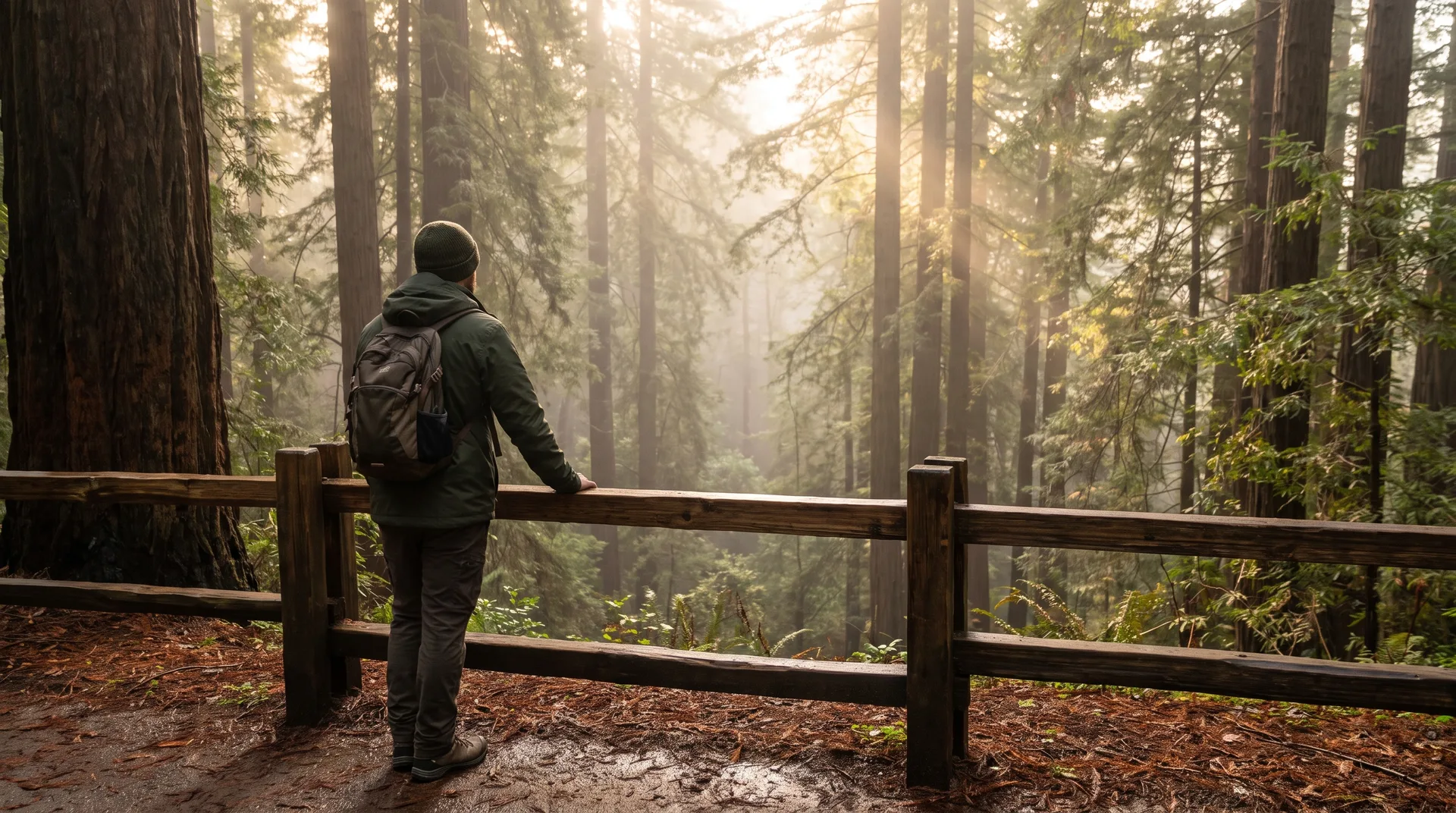 Hiker at a redwood-forest overlook