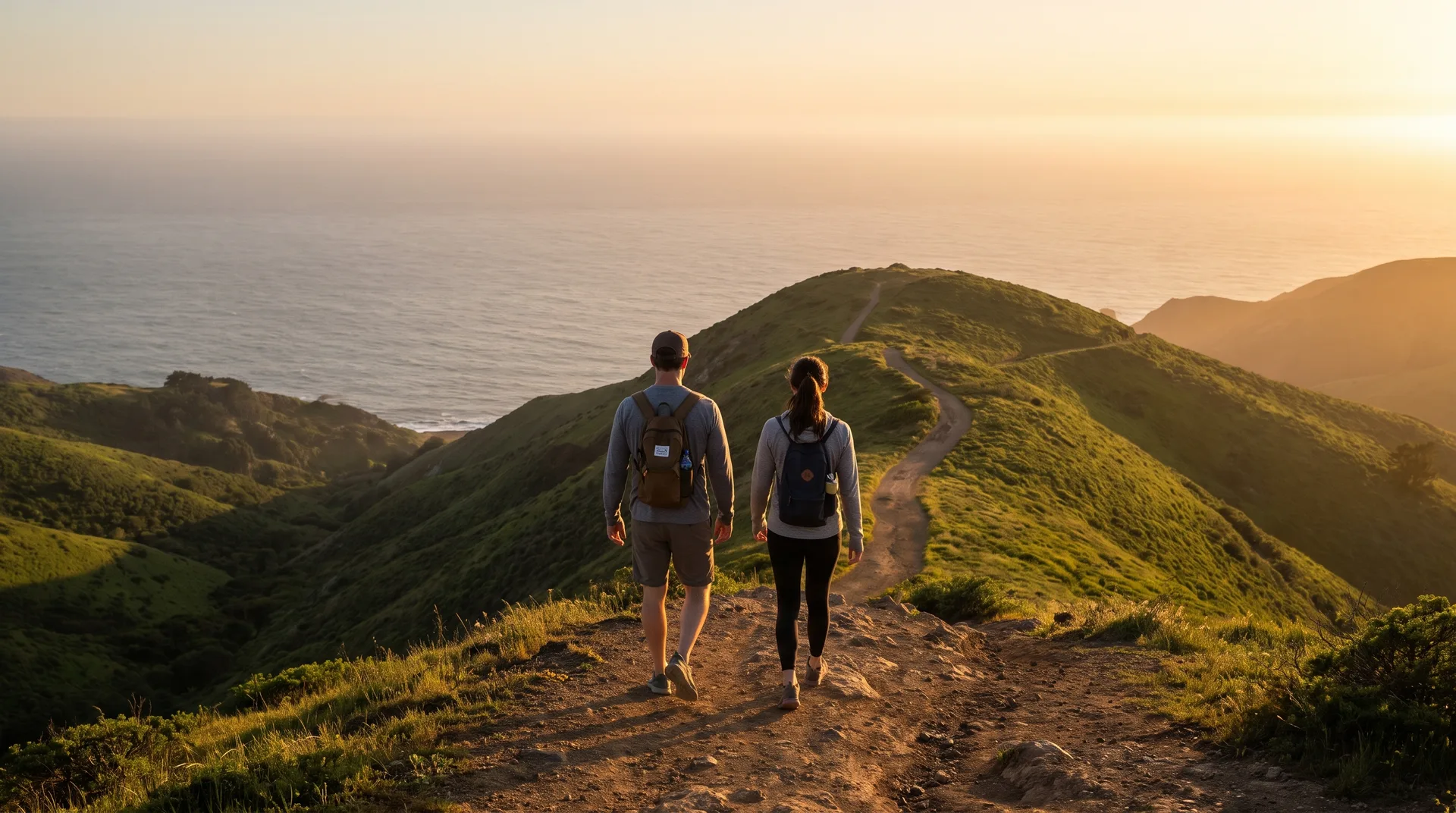 Hikers on a coastal ridge trail at sunset